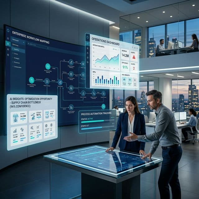 Enterprise operations, dashboards, and AI workflow hero visual